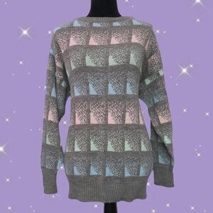 Vintage 90s Great Times Women’s Gray Pastel Geometric Pattern Knit Sweater